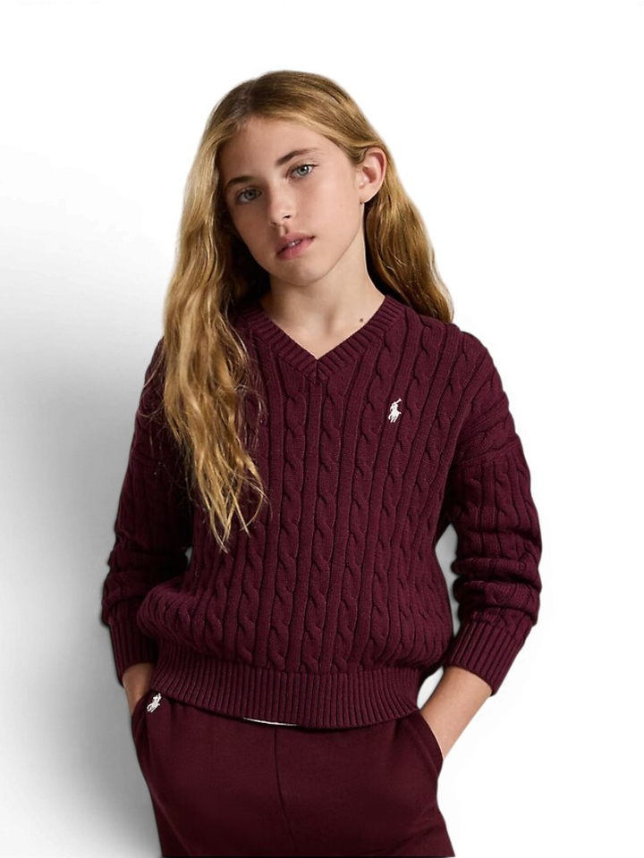 Bordeaux kabelgebrede katoenen trui met V-hals Ralph Lauren
