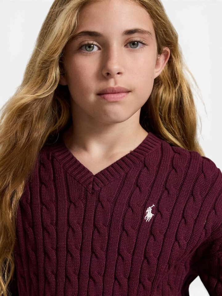 Bordeaux kabelgebrede katoenen trui met V-hals Ralph Lauren