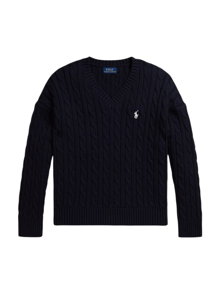 Donkerblauwe kabelgebreide katoenen trui met V-hals Ralph Lauren