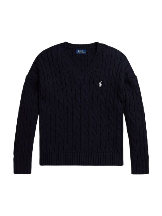 Donkerblauwe kabelgebreide katoenen trui met V-hals Ralph Lauren