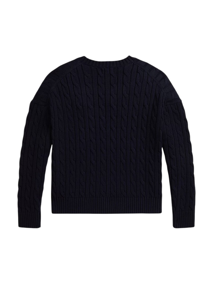 Donkerblauwe kabelgebreide katoenen trui met V-hals Ralph Lauren