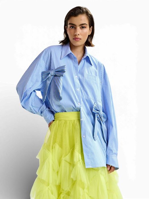 Oversized katoenen shirt met blauwe, witte en zwarte strepen en strikjes Jiwi Essentiel