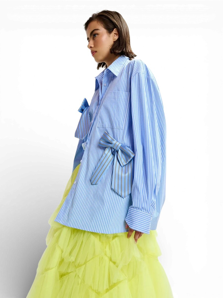 Oversized katoenen shirt met blauwe, witte en zwarte strepen en strikjes Jiwi Essentiel