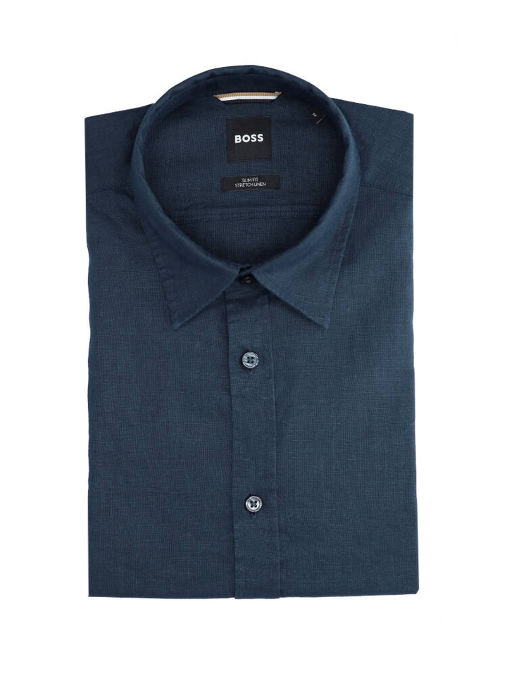 Donjkerblauwe linnen hemd (slim fit stretch ) met korte mouwen Hugo Boss 