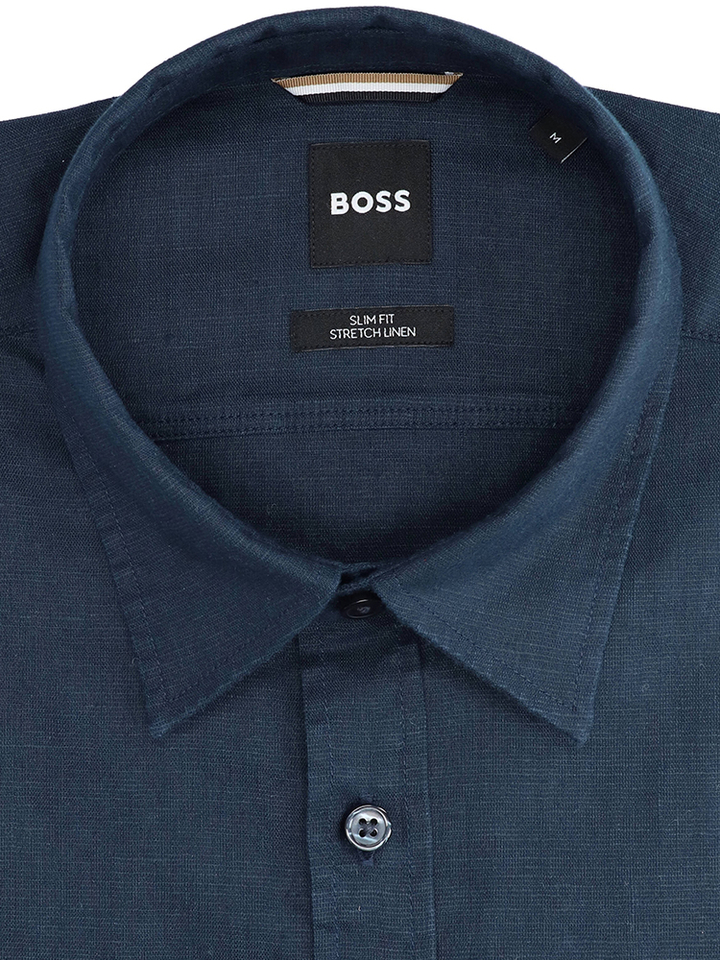 Donjkerblauwe linnen hemd (slim fit stretch ) met korte mouwen Hugo Boss 