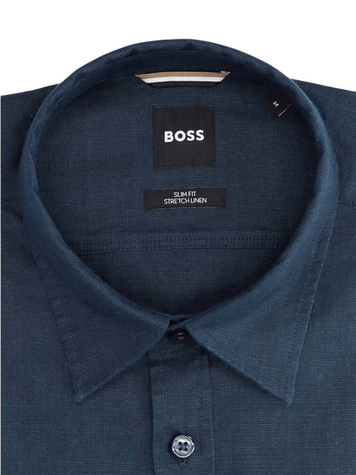 Donjkerblauwe linnen hemd (slim fit stretch ) met korte mouwen Hugo Boss