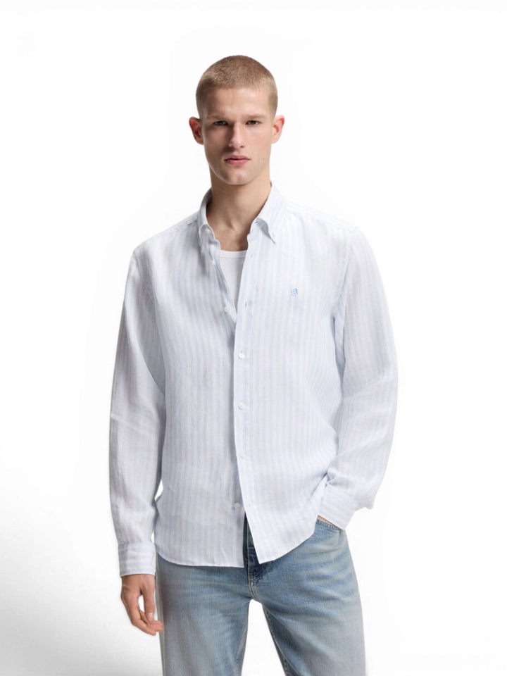 Light pastel blue linnen hemd (regular fit) met strepen en lange mouwen Hugo Boss