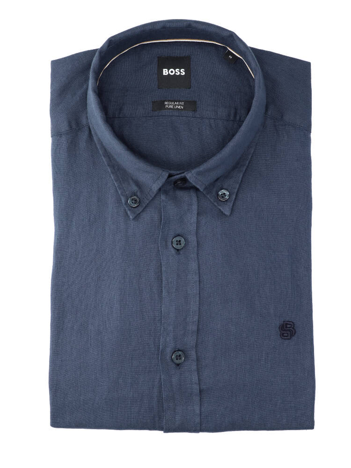 Donkerblauw linnen hemd (regular fit) met lange mouwen Hugo Boss