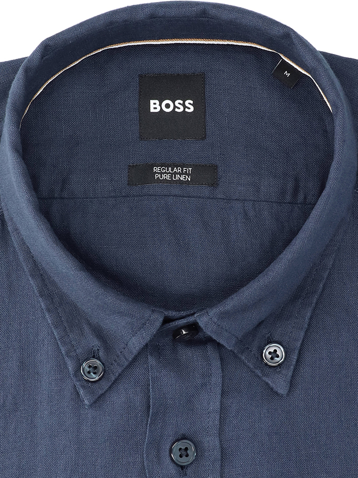 Donkerblauw linnen hemd (regular fit) met lange mouwen Hugo Boss