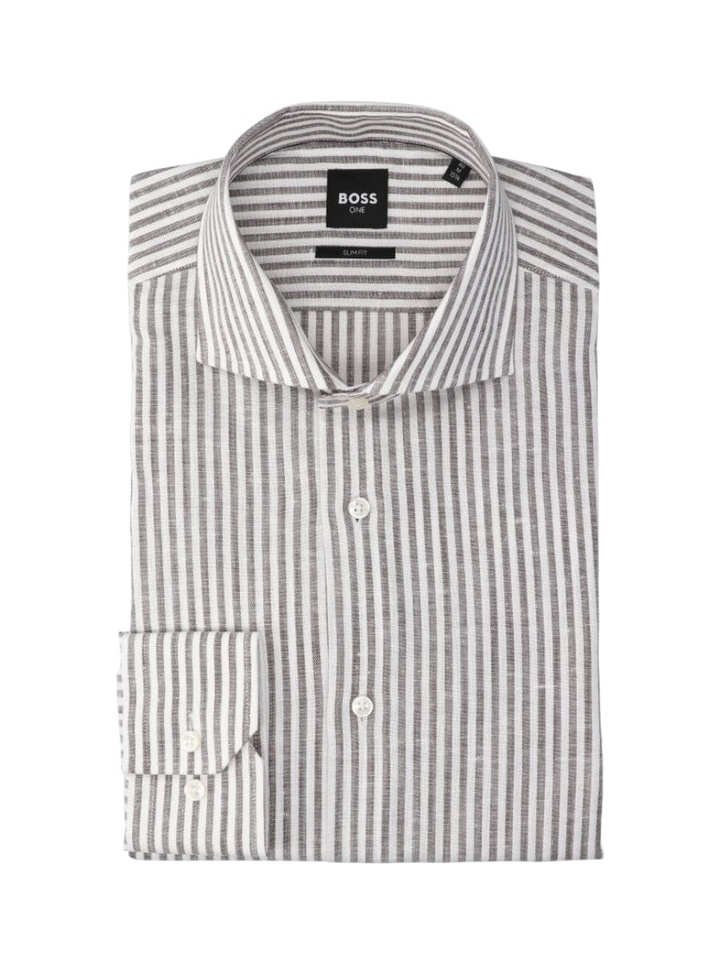 Wit linnen hemd (slim fit) met bruine strepen en lange mouwen Hugo Boss