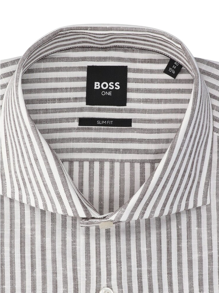 Wit linnen hemd (slim fit) met bruine strepen en lange mouwen Hugo Boss