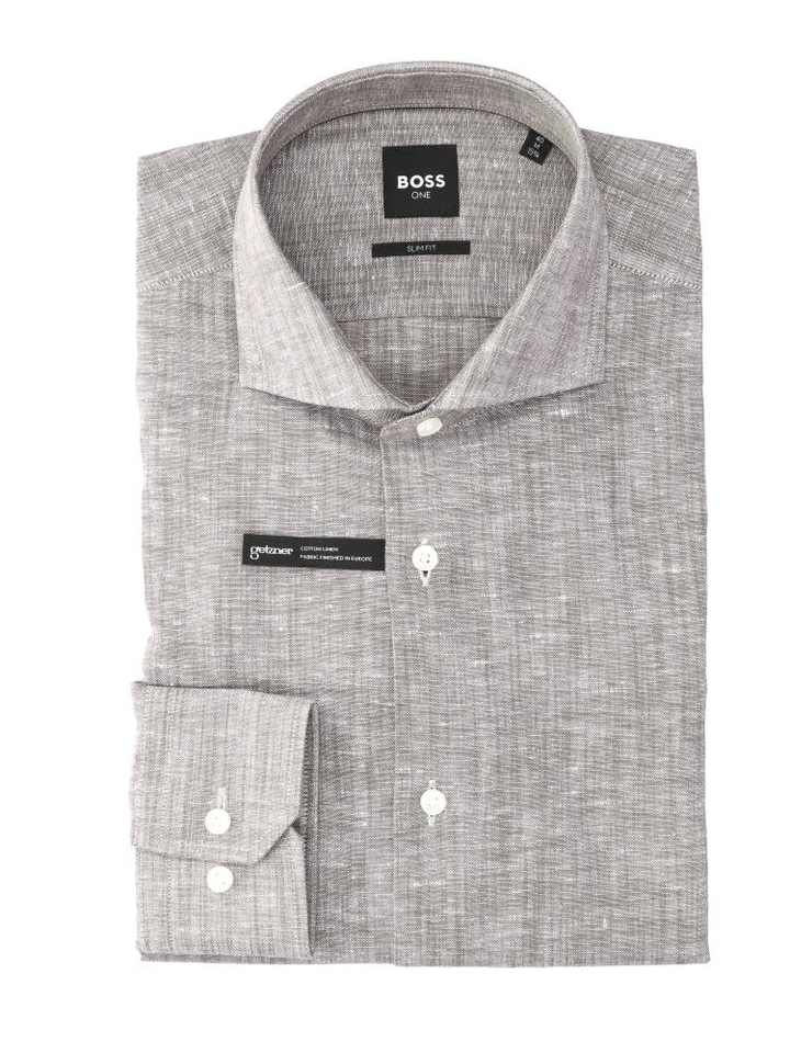 Donkerbruin linnen hemd (slim fit) met lange mouwen Hugo Boss 