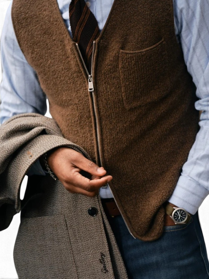 Bruine cardigan zonder mouwen met rits Mos Mosh