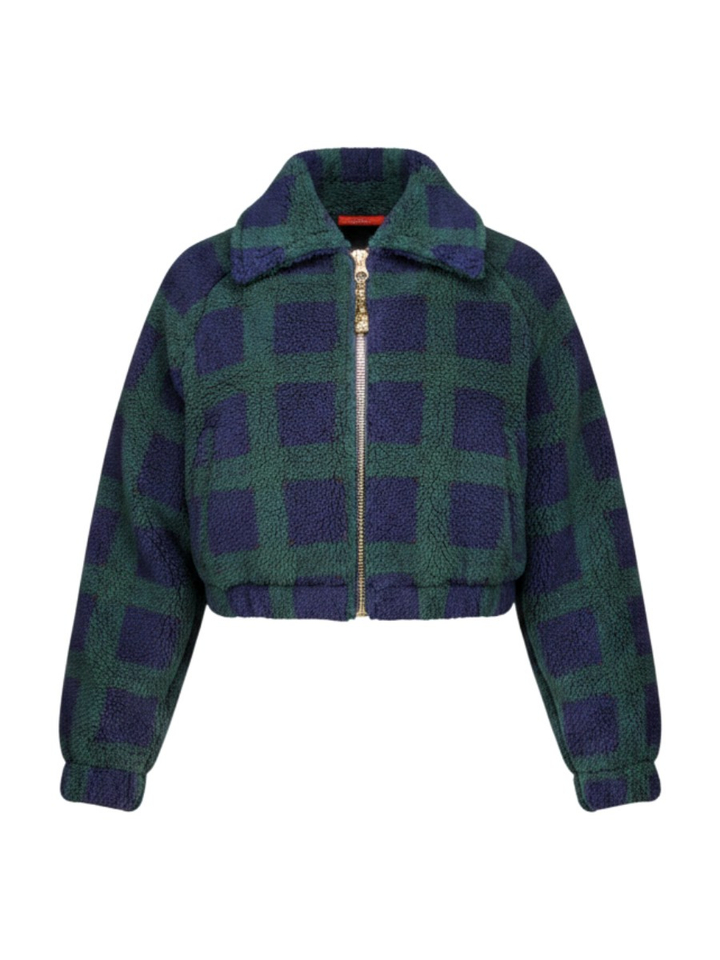 Blauw groene teddy jas in rits motief Jagness Bellerose