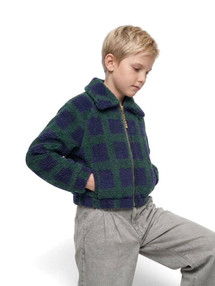 Blauw groene teddy jas in rits motief Jagness Bellerose