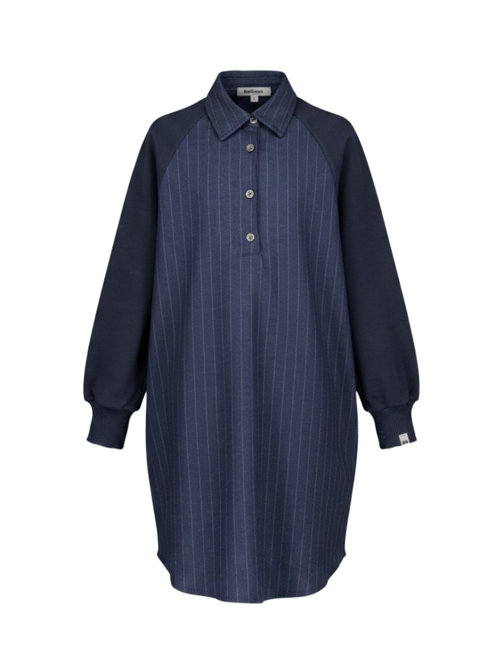 Donkerblauwe jurk met fijne krijtstreep Air Bellerose