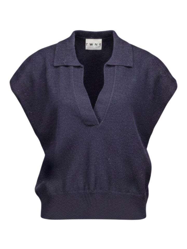 Donkerblauwe trui met kraag in merino wol Okaloosa Twns