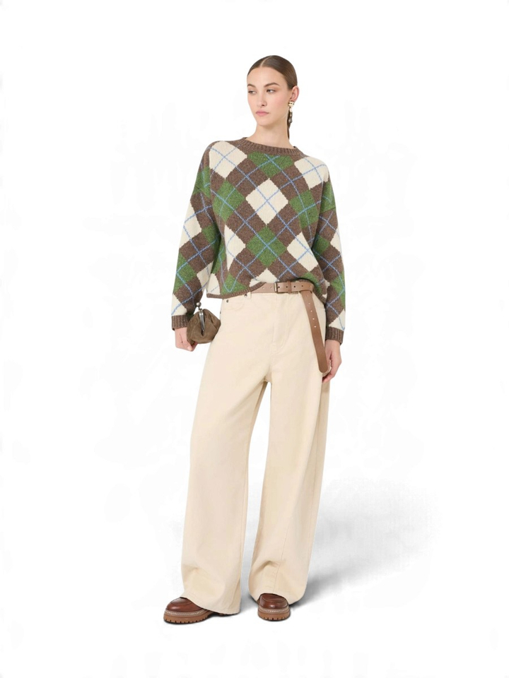 Bruine trui met groen ruit motief Vasaio Max Mara