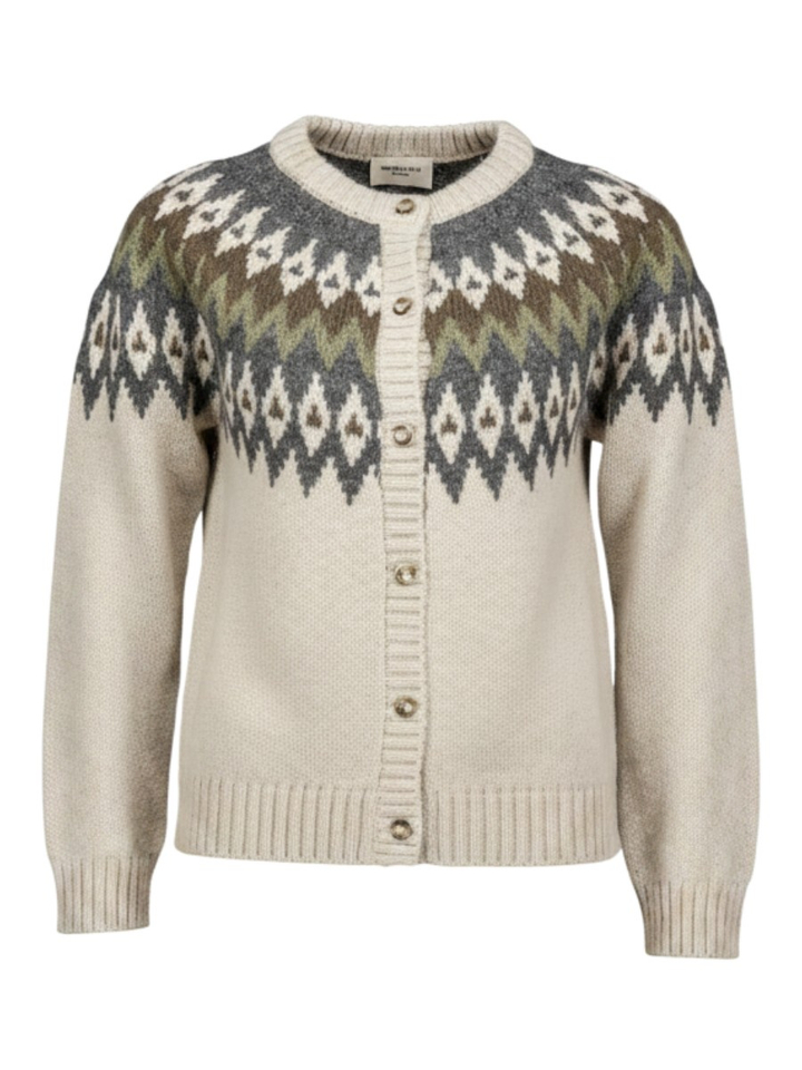 Beige gebreide cardigan in Alpacawol met meerkleurig Noors patroon Targa Max Mara Weekend