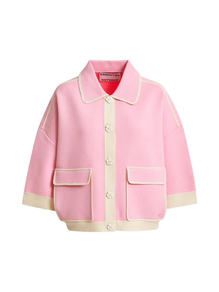 Roze gebreid vest met bloemknopen en contrasterende off-white randen Jugly Essentiel 