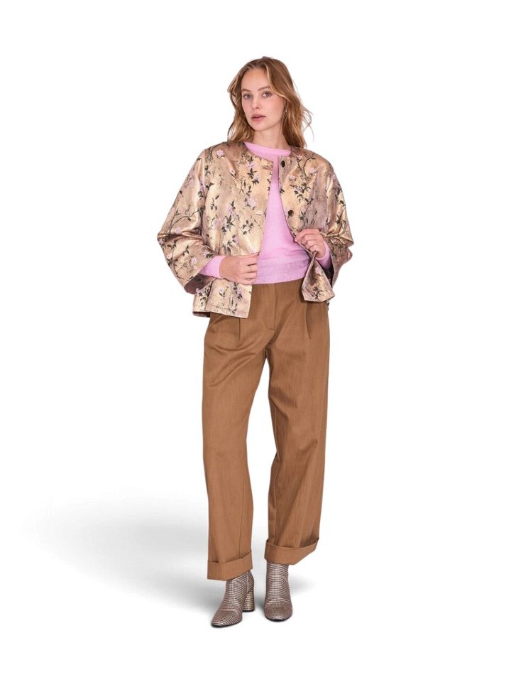 Goudkleurige vest indoor met bloemenprint Jacques Nathalie Vleeschouwer