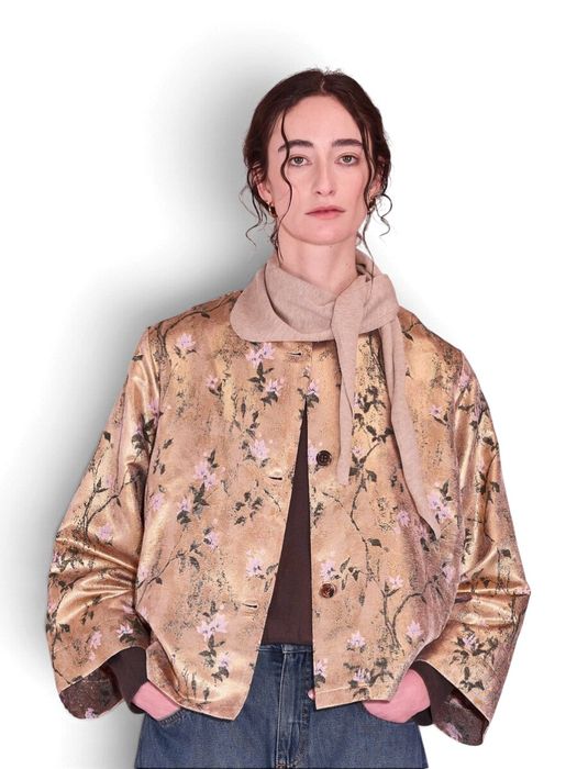 Goudkleurige vest indoor met bloemenprint Jacques Nathalie Vleeschouwer