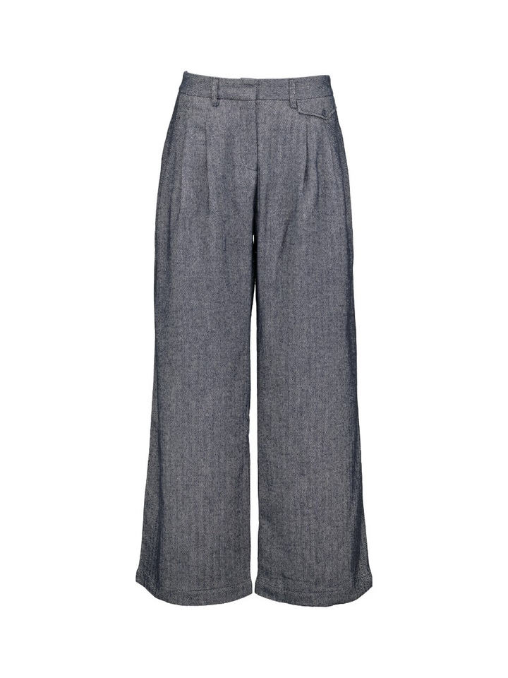 Blauwe wijde broek met print en bandplooi Guy Nathalie Vleeschouwer