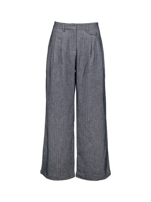 Blauwe wijde broek met print en bandplooi Guy Nathalie Vleeschouwer