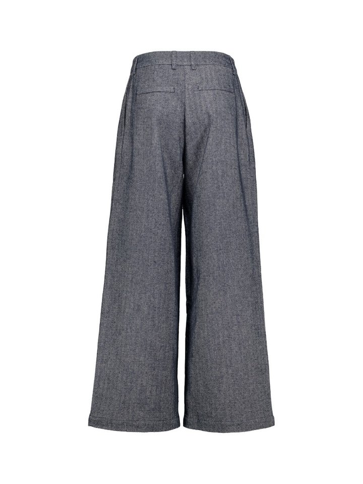 Blauwe wijde broek met print en bandplooi Guy Nathalie Vleeschouwer