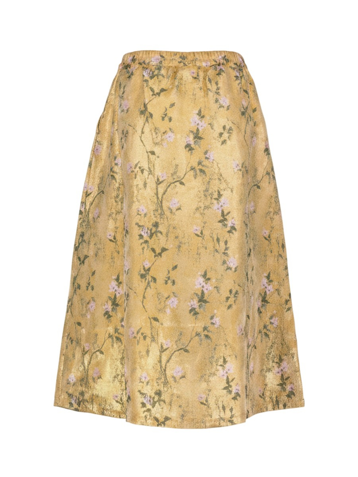Goudkleurige metallic midi-rok met bloemendessin en elastische taille Joplin Nathalie Vleeschouwer