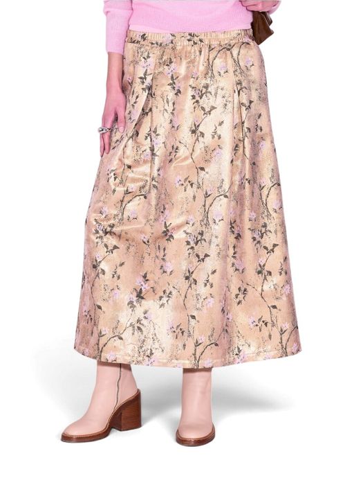 Goudkleurige metallic midi-rok met bloemendessin en elastische taille Joplin Nathalie Vleeschouwer