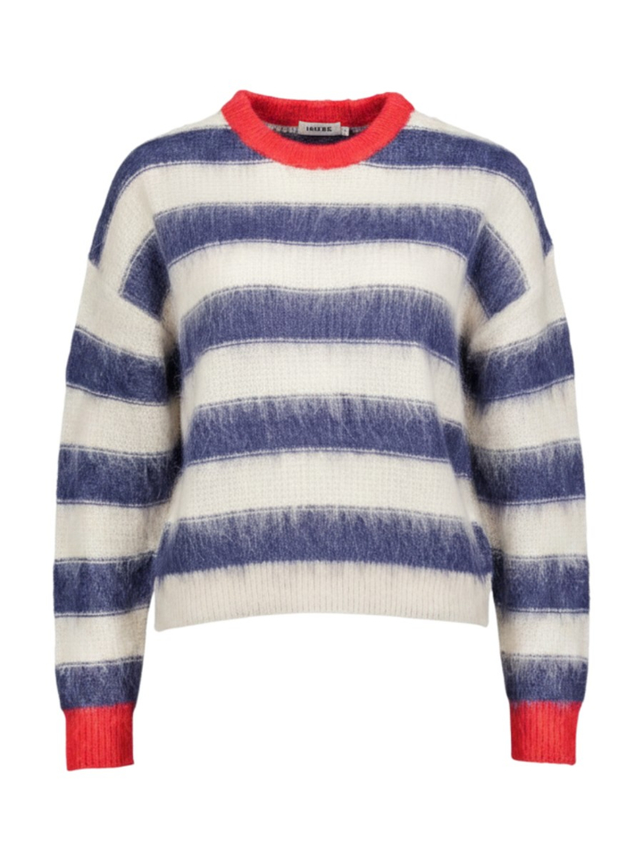 Blauw /beige gestreepte gebreide trui met rode boord Willow Indee