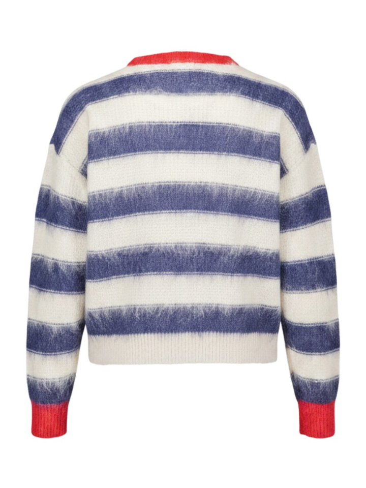 Blauw /beige gestreepte gebreide trui met rode boord Willow Indee
