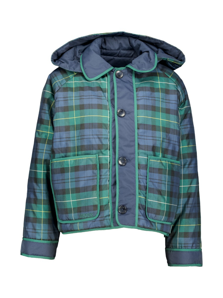 Donkerblauwe korte jas met groen ruit motief Windy Indee