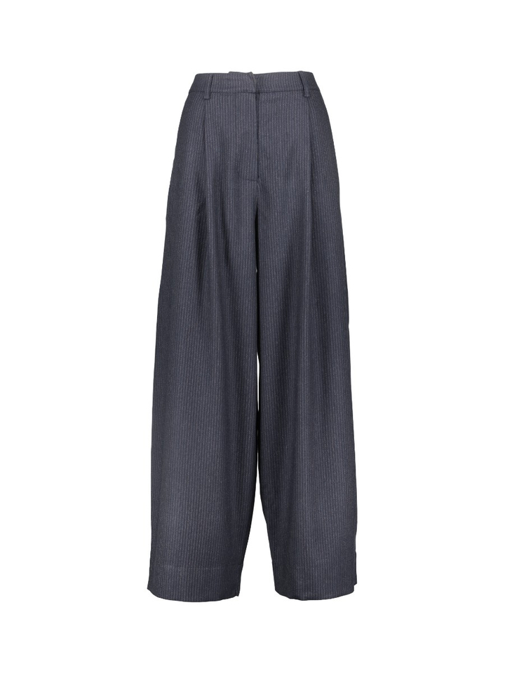 Donkerblauwe gestreepte wijde broek met bandplooien Frida By-Bar