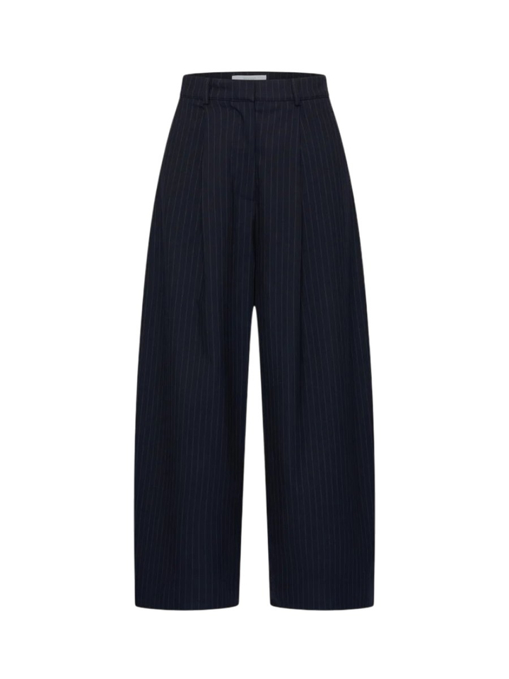 Blauwe wijde broek met bandplooi en fijne krijtstreep Frida By-Bar