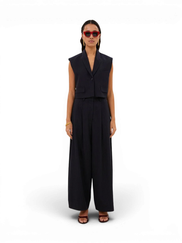 Blauwe wijde broek met bandplooi en fijne krijtstreep Frida By-Bar