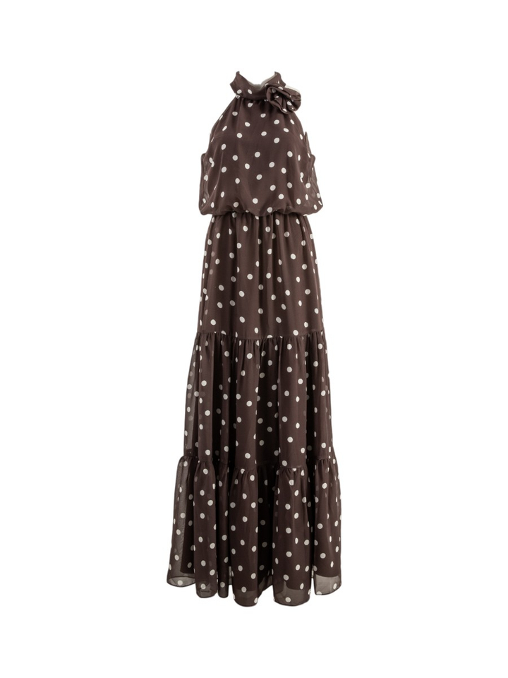 Bruine lange feestelijke jurk in polkadotprint Swing 