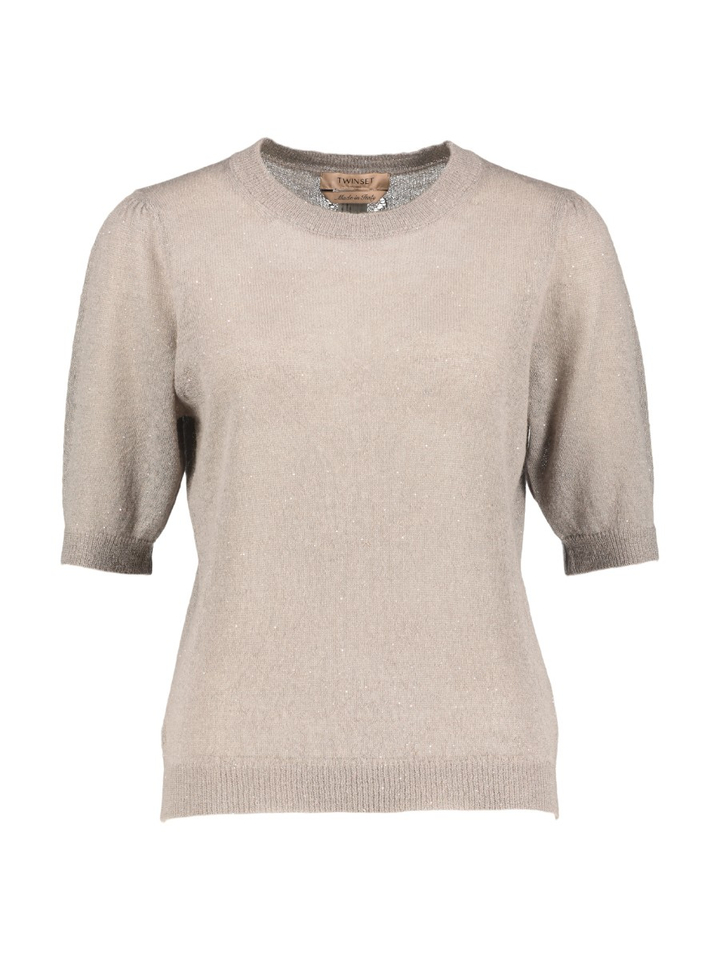 Taupekleurige glinsterende pull met korte mouwen Twinset