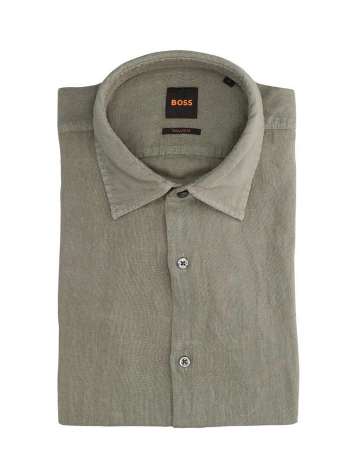 Open kaki linnen hemd (regular fit) met korte mouwen Hugo Boss 