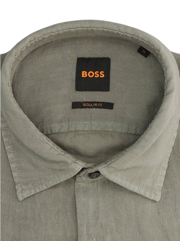 Open kaki linnen hemd (regular fit) met korte mouwen Hugo Boss 