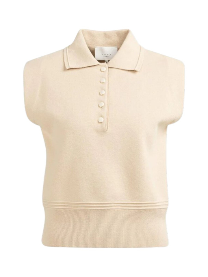 Beige mouwloze trui met kraag en knoopjes YAYA 