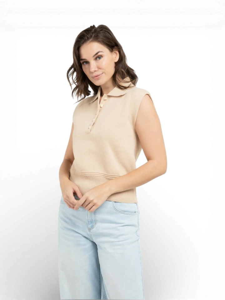 Beige mouwloze trui met kraag en knoopjes YAYA 