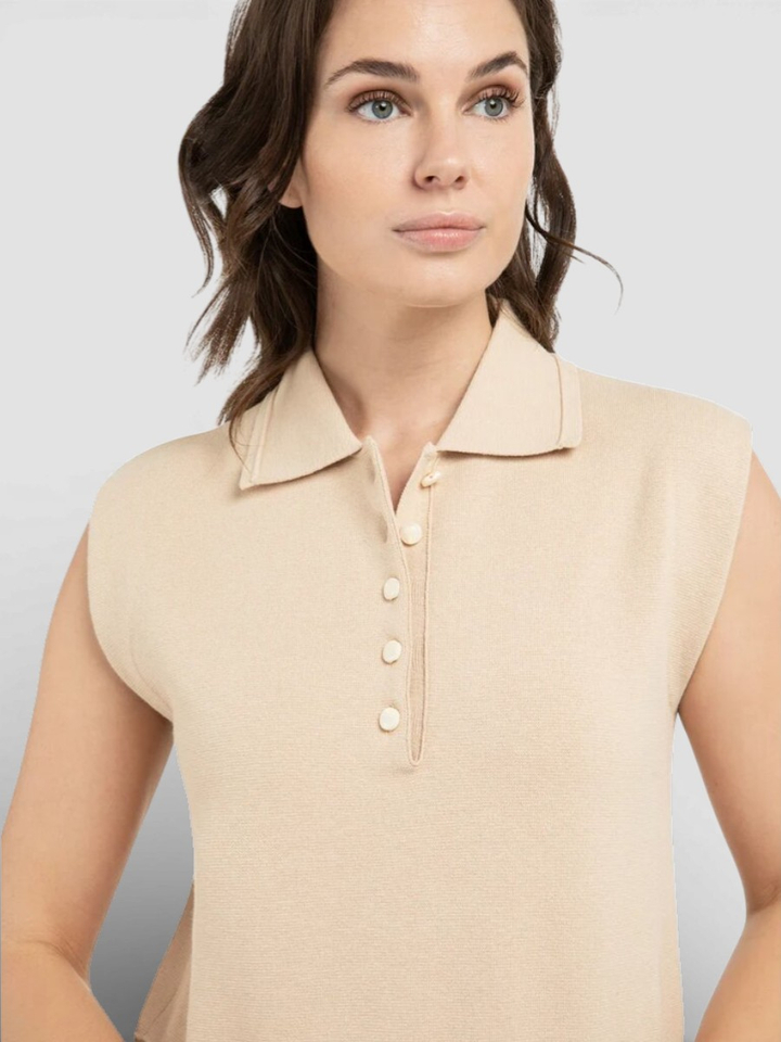 Beige mouwloze trui met kraag en knoopjes YAYA 