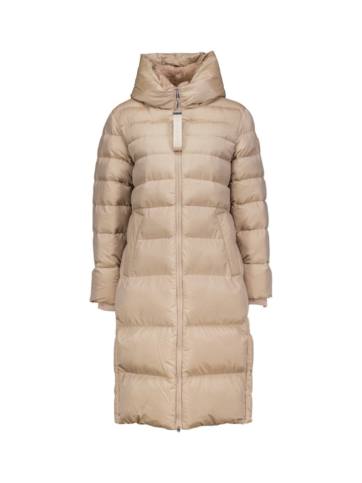 Mokka beige lange jas met capuchon Hudson