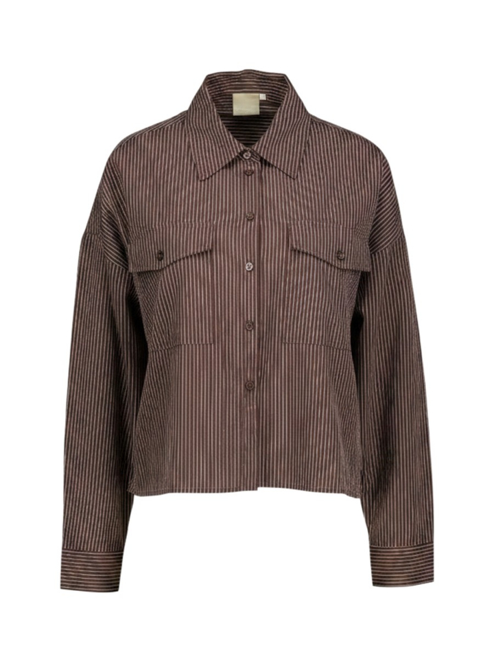 Bruine gestreepte/geprinte blouse met kraag Solveig Peppercorn 
