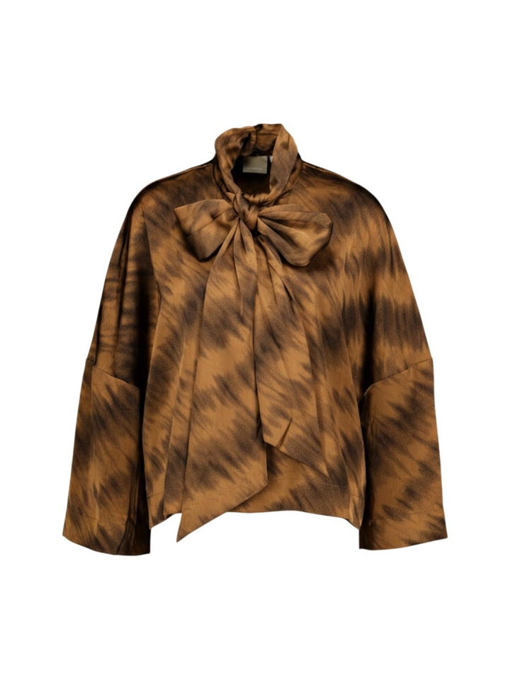 Bruine blouse met print en strikkraag Samira Peppercorn 