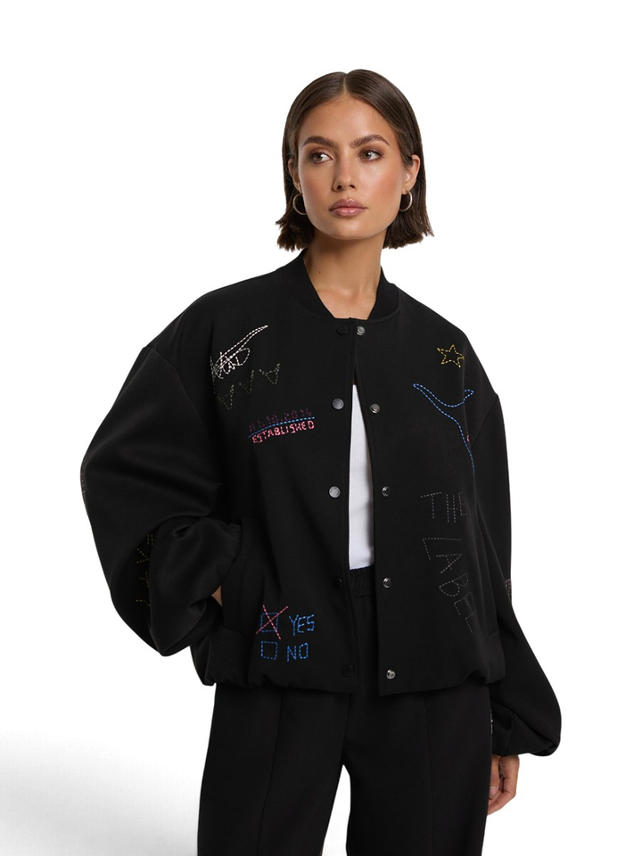 Zwarte bomberjack met kleurrijke borduursel en artwork Alix