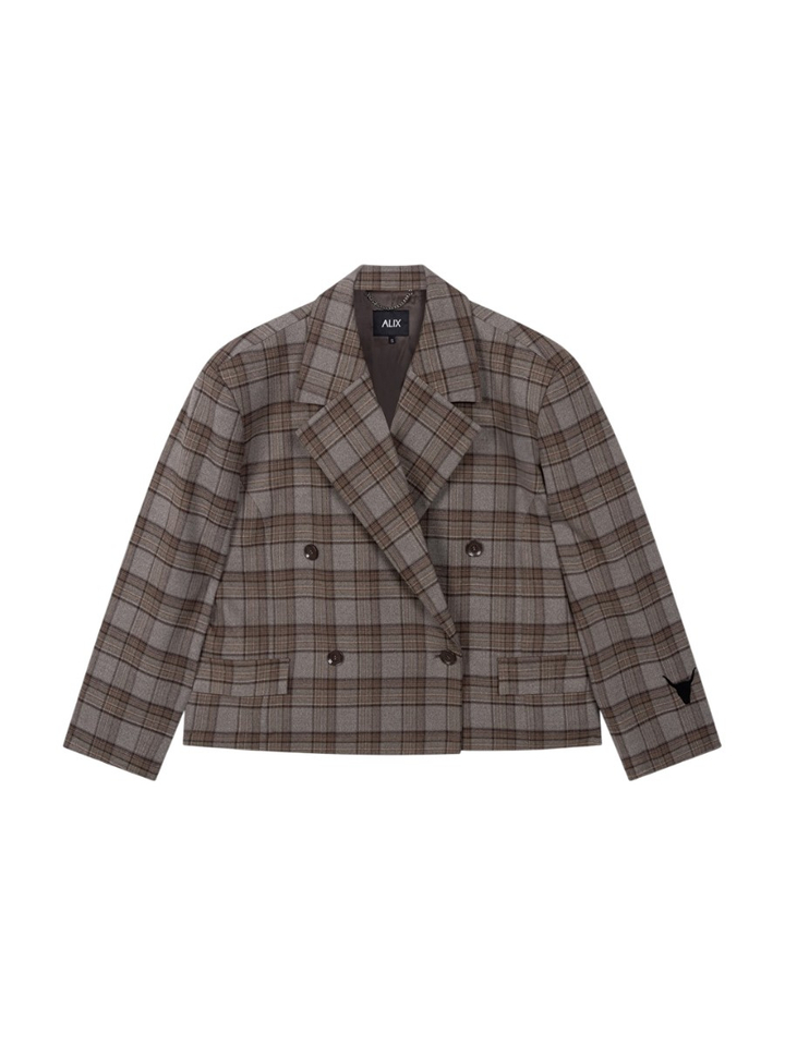 Bruin-grijze geruite blazer met epauletten en gekruiste sluiting Alix