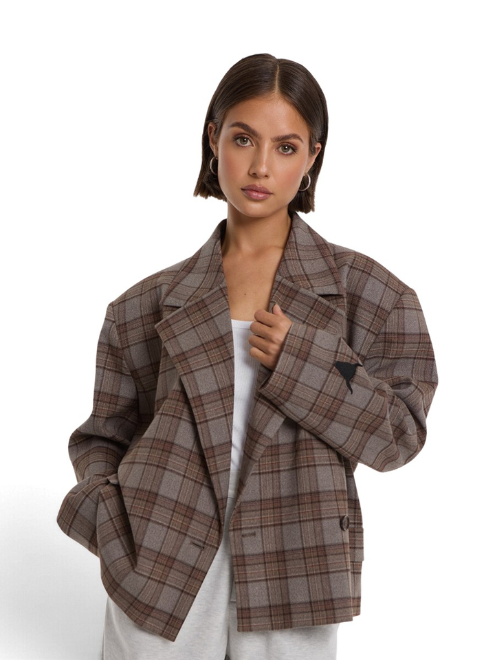 Bruin-grijze geruite blazer met epauletten en gekruiste sluiting Alix